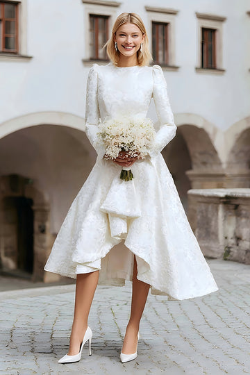 Round Neck A Line Ivory Long Sleeve Engagement Dress